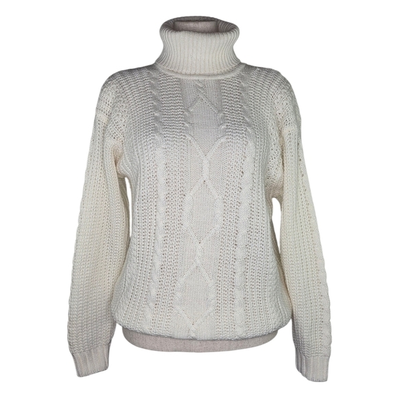 *SOLD* Vintage Ellemenno Ivory Cable Knit Turtleneck Sweater Small Hong Kong - Picture 2 of 7